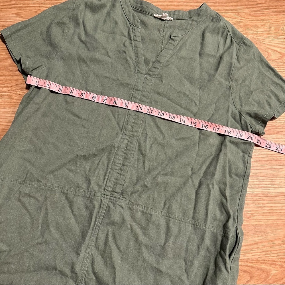 Green cotton linen blend medium short sleeve pockets tunic mini shift dress - Picture 4 of 7